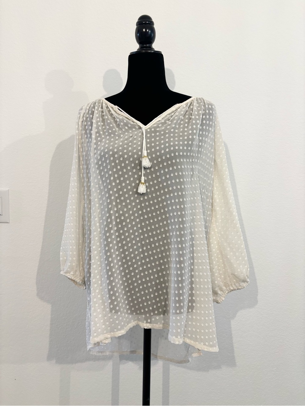 Ivory Swiss Dot Peasant Tunic with Tassel Tie